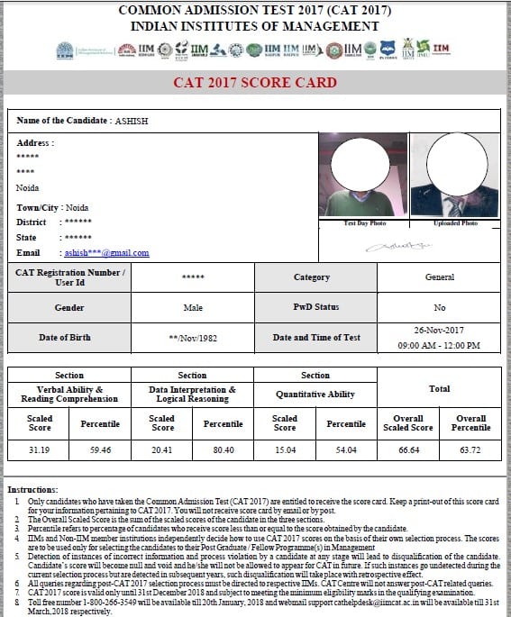 CAT 2018 Exam - Score Card